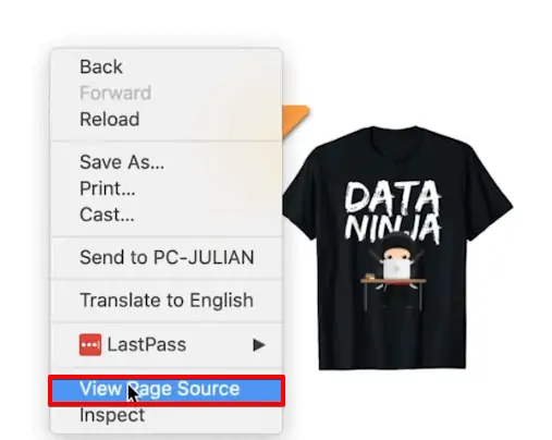 Viewing the page source to access the source codes of the website