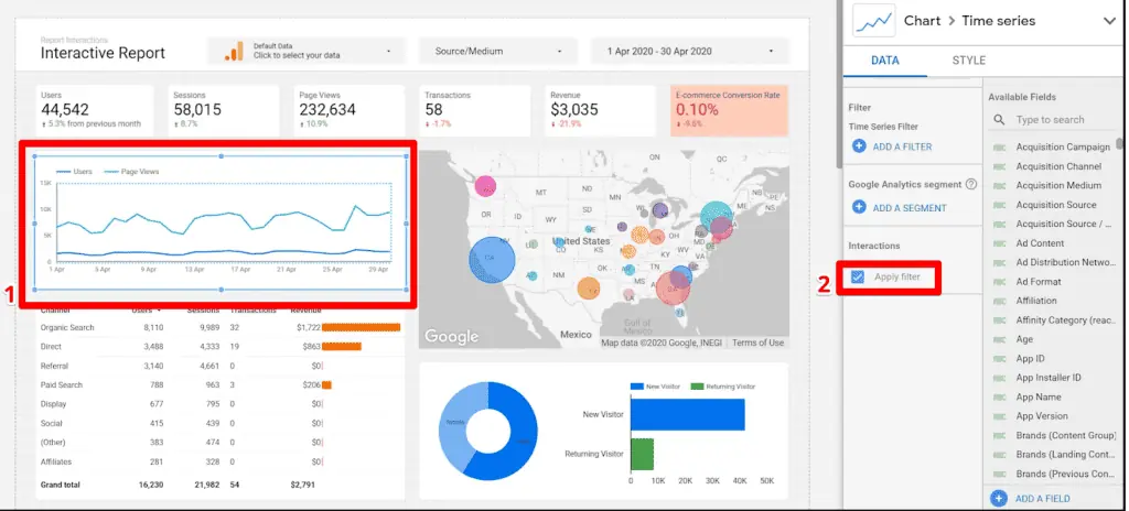 Configuring chart data cross filters for creating interactive dashboards on Looker Studio