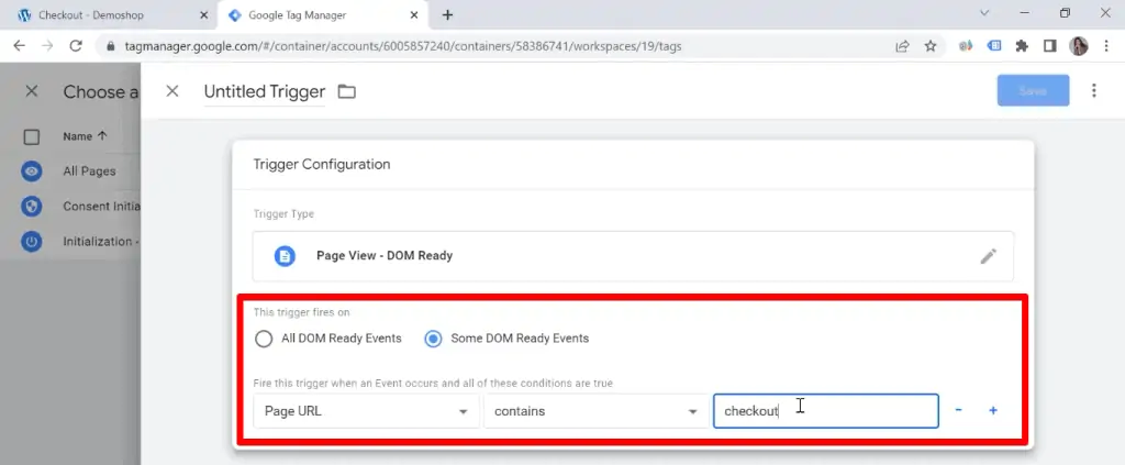 DOM Ready trigger configuration setup