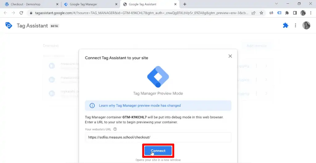 Google Tag Manager connecting to the domain to preview created tags