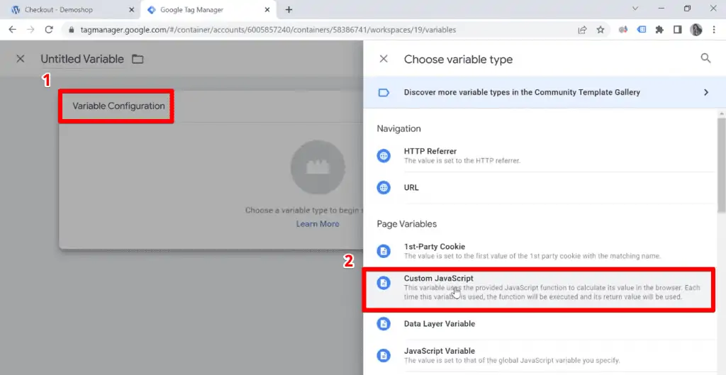 Google Tag Manager screen for creating Custom JavaScript variables