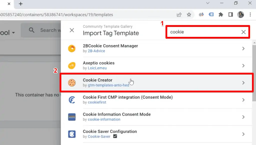 Google Tag Manager screen for inserting Cookie Creator template