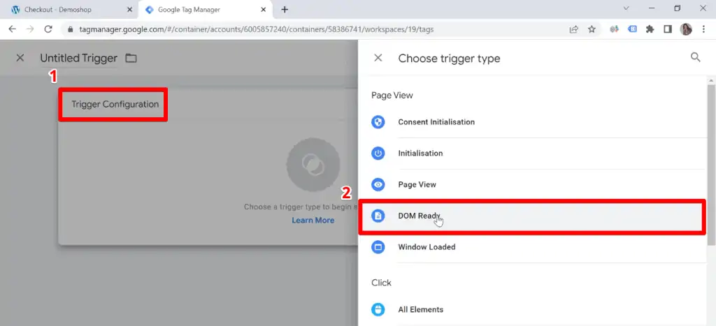 Google Tag Manager screen for inserting a DOM Ready Trigger