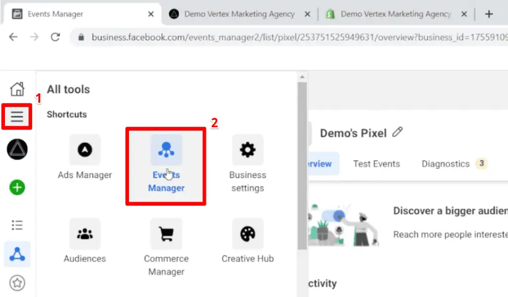 Opening the events manager in the Meta business suite