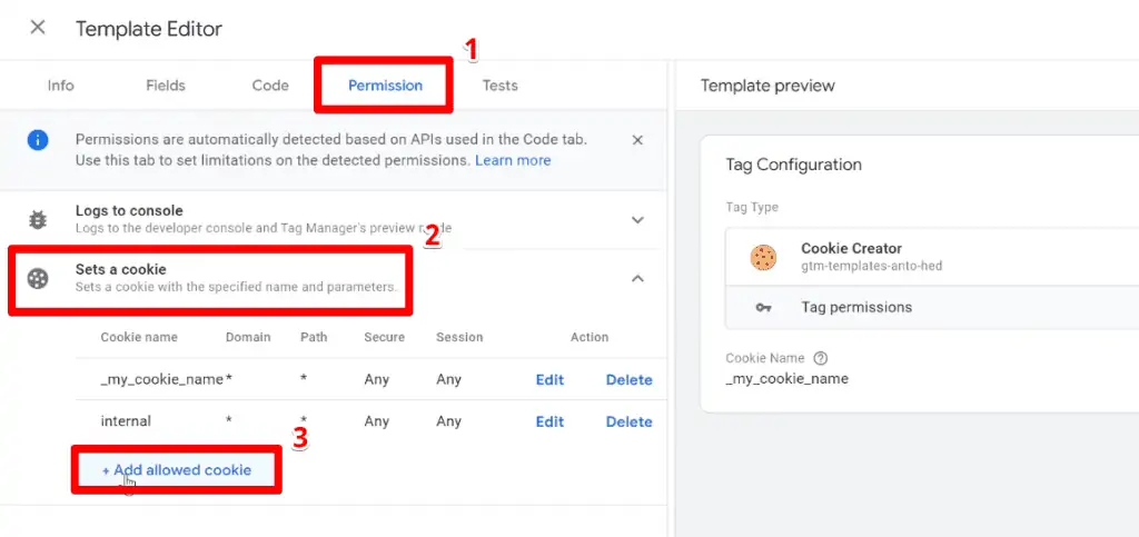 Steps for adding permissions to the Cookie Creator template