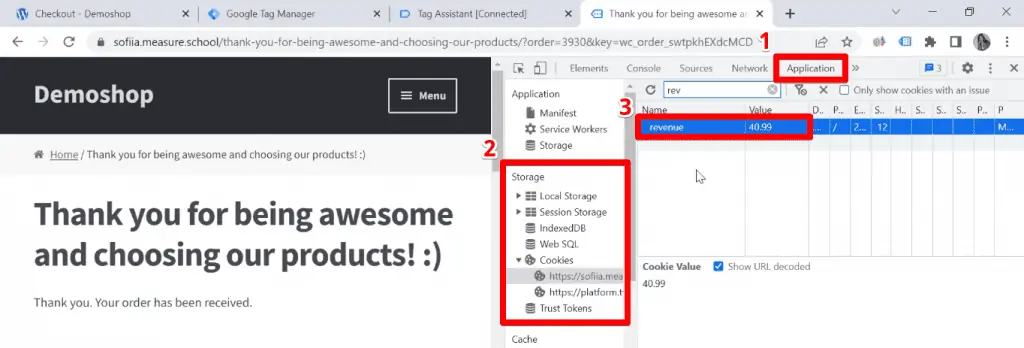 Test showing value of revenue cookie in browser’s web developer tools panel