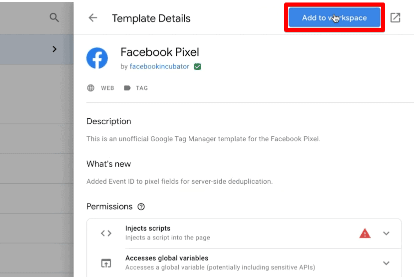 Adicionando o modelo de pixel do Facebook ao espaço de trabalho