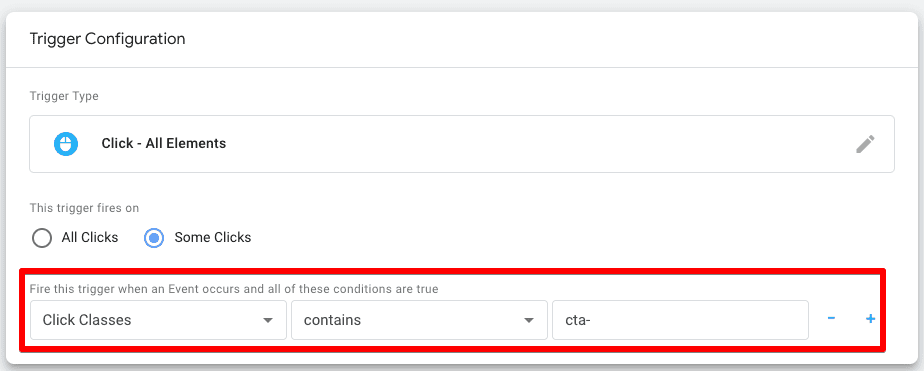 Choosing Some Clicks for Click - All Elements trigger configuration and entering Click Classes