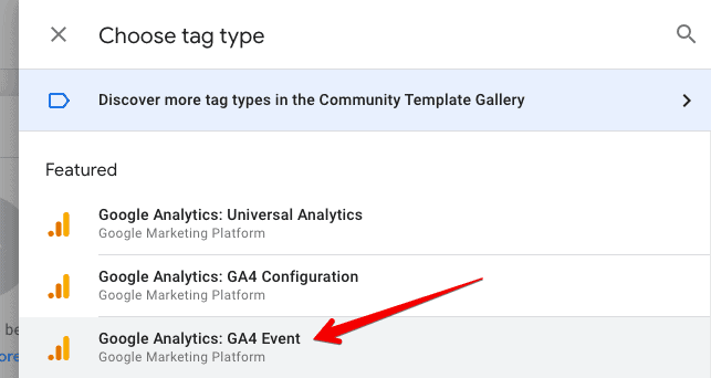 Choosing the GA4 Event tag type when creating a new tag in GTM