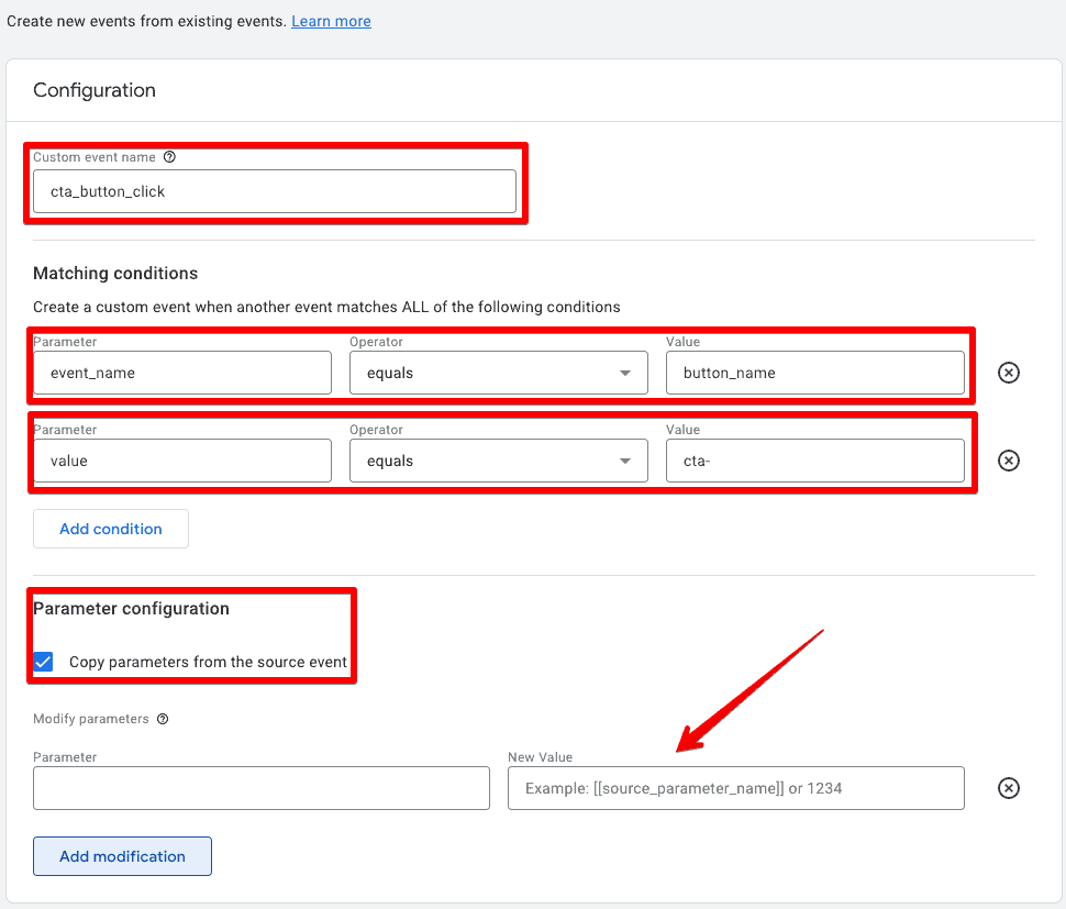 Create new events from the existing events configuration section by matching existing event conditions and adding the parameter values 2