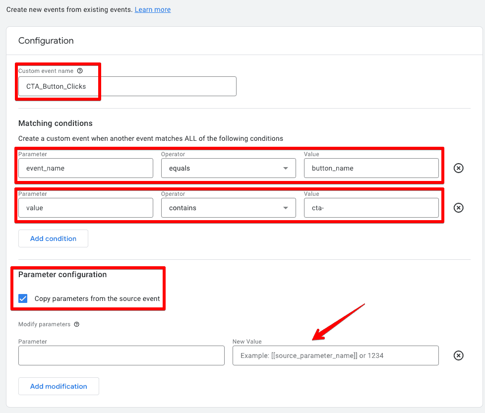 Create new events from the existing events configuration section by matching existing event conditions and adding the parameter values