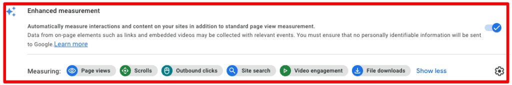 Enhanced measurement events as seen enabled in the GA4 admin panel