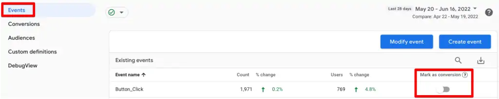 Events under Configure section showing events we can Mark as conversion by toggling the button