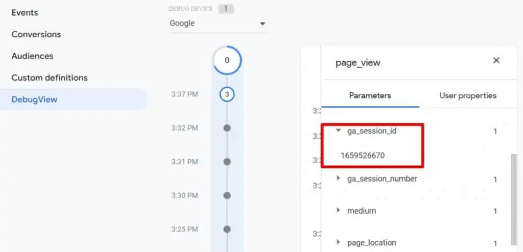 Finding the pageview and ga session id in the debugview report