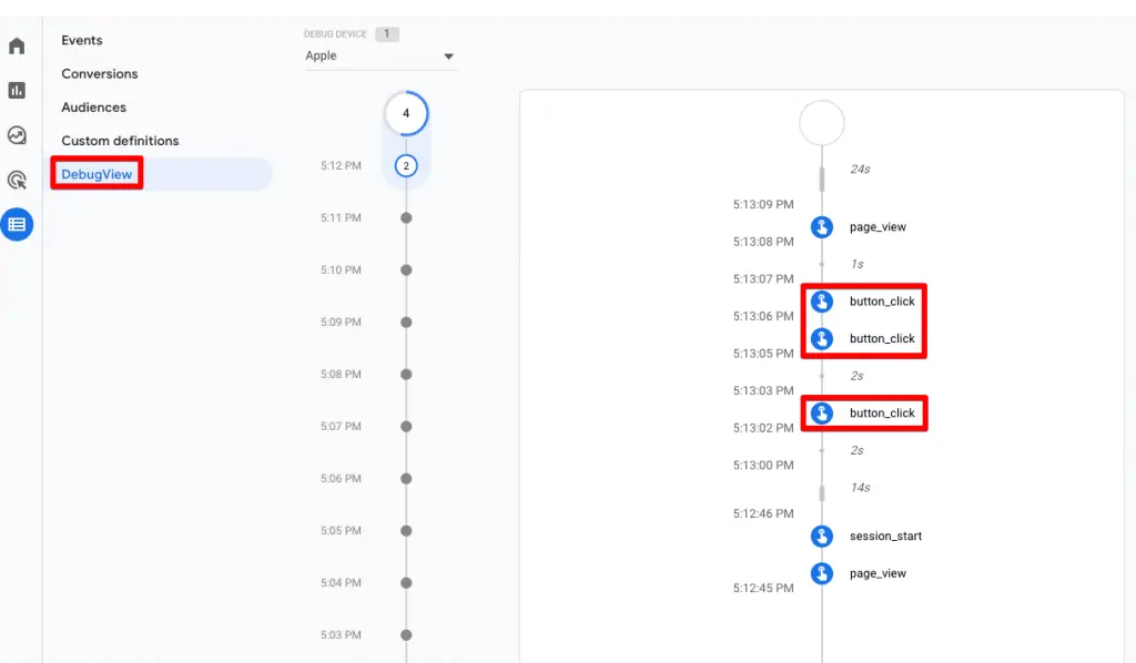 GA4 DebugView showing the event that we tested in GTM’s preview mode