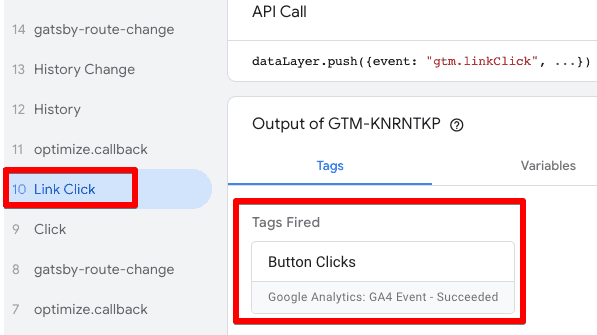 GTM debugging window showing that the tag has fired successfully