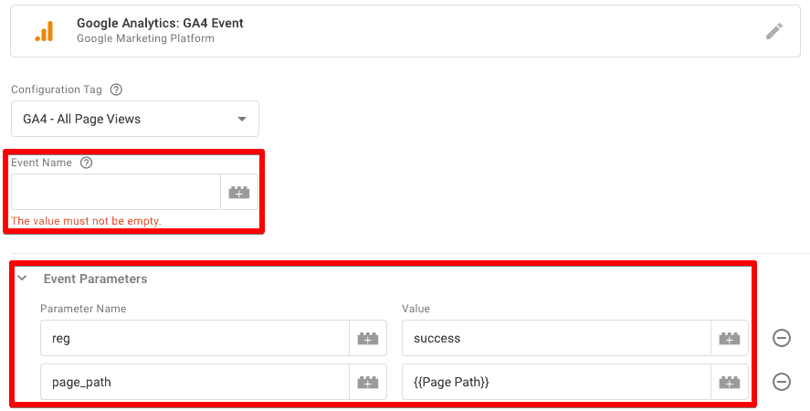 GTM event tag for GA4 showing that Event Name is required and that we can add multiple parameters for an event