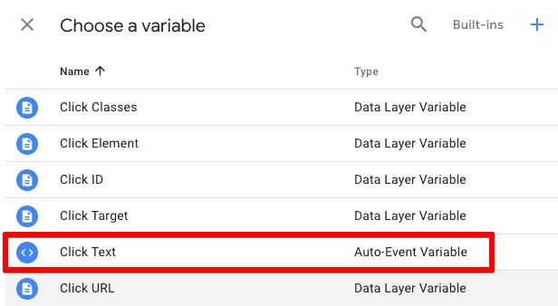 Selecting the Click Text from Choose a variable setting for the parameter value of our event