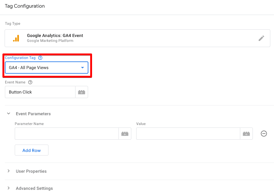 Selecting the Configuration Tag when setting up a new tag in GTM