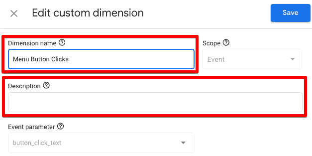Showing Edit custom dimension settings where only the dimension name and description can be edited