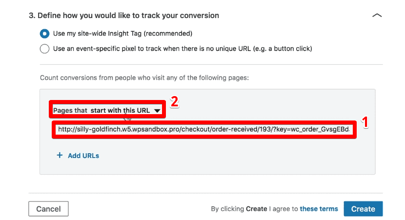 Specifying the URL where to count conversions from