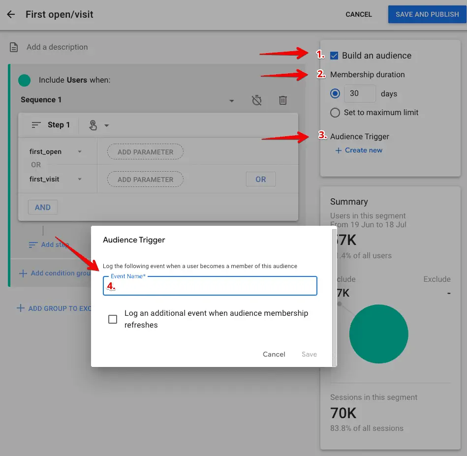 Steps showing how to create an audience from the funnel exploration report in GA4