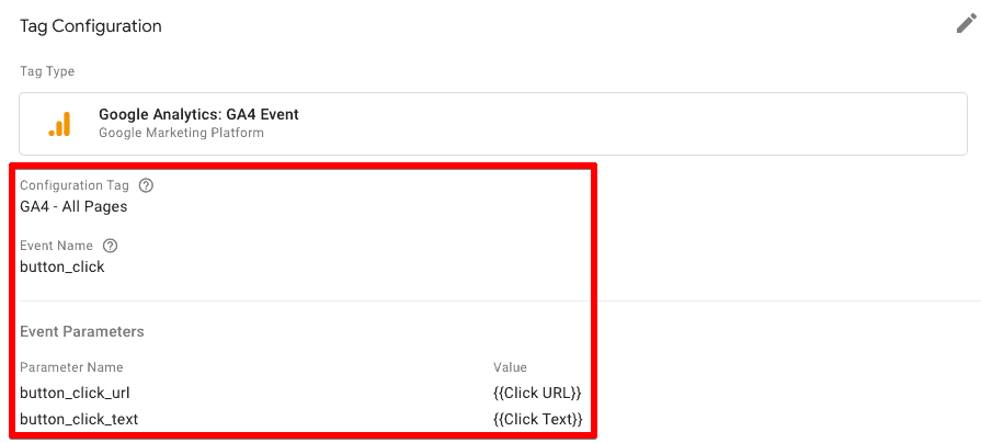 Tag configuration section with Configuration Tag, Event Name, Parameter Name, and Value setup 2