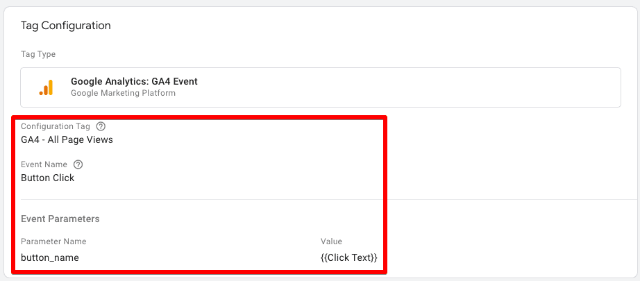 Tag configuration section with Configuration Tag, Event Name, Parameter Name, and Value setup