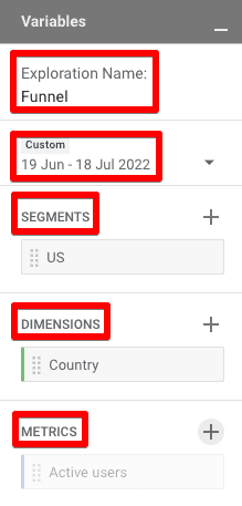 Variables tab and the five mentioned variables in the funnel exploration report in GA4