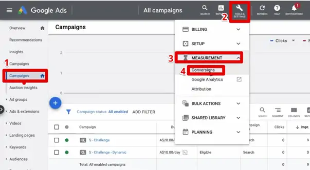 Checking for a conversion tracking set up under the conversions menu of Google Ads