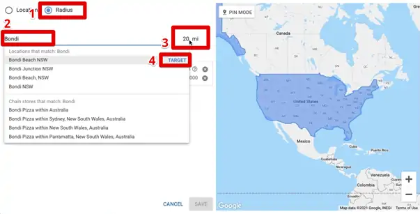 Choose radius and set parameters - area (Bondi), and radius of target 20-mile radius