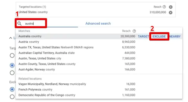 Choosing a country to exclude from location targeting