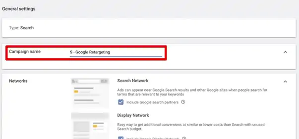 Naming the campaign S-Google Retargeting