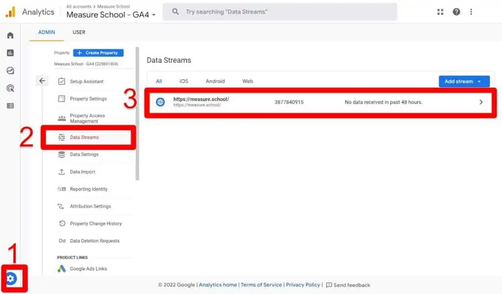 Selecting a website data stream in GA4