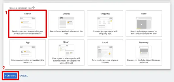 Selecting campaign type Search and Continue