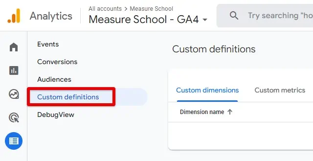 Selecting custom definitions in ga4