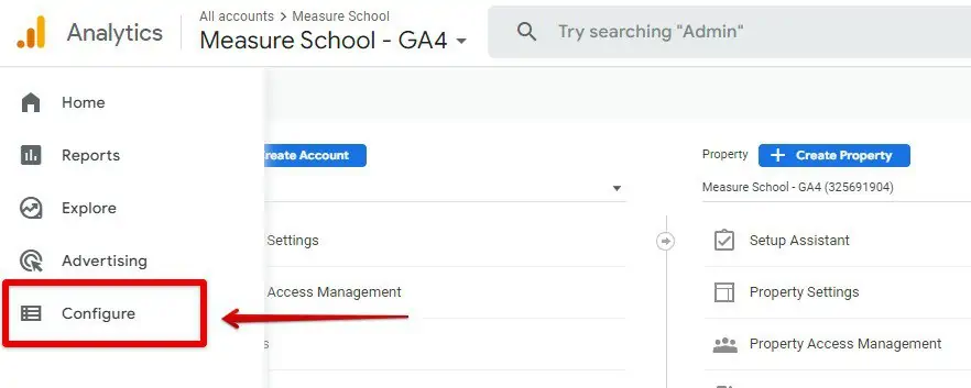Selecting the configure tab in GA4