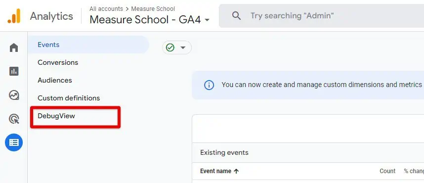 Selecting the debug view in ga4