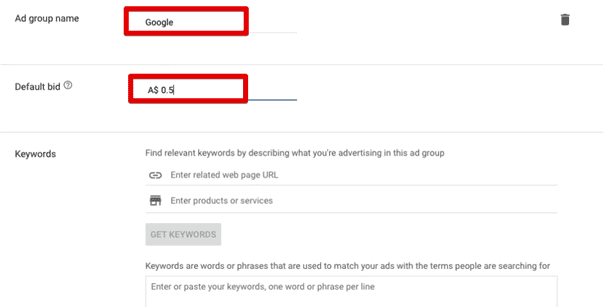 Setting the ad group name and default bid