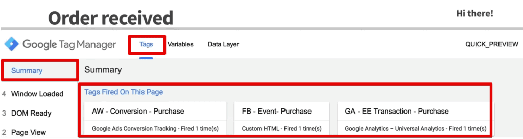 The Tag Manager shows a summary of tags fired on a webpage