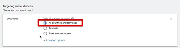 The default setting in Google Ads is to serve your ad to all countries and territories