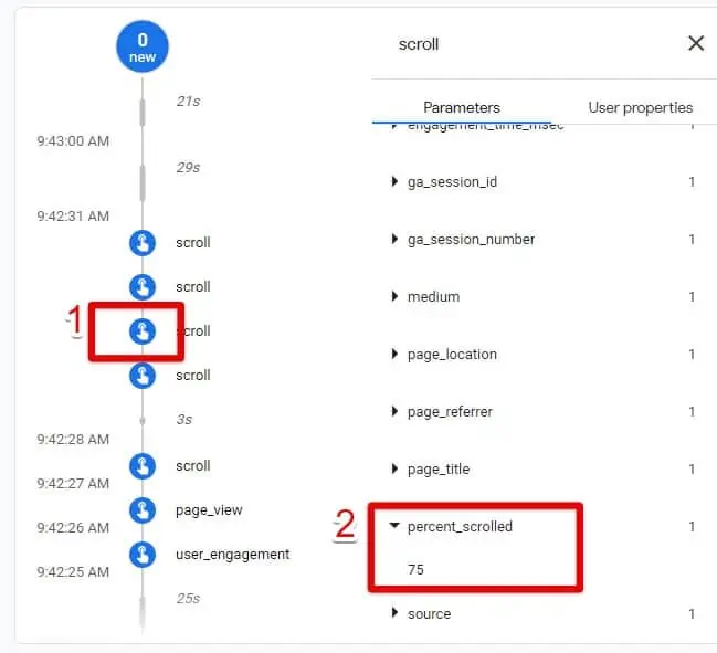 Viewing the scroll percentage parameter in GA4 debugview