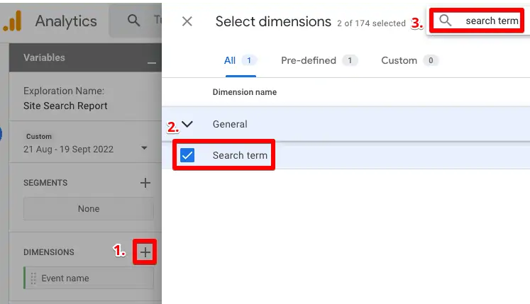 Add Search term as dimension in the free-form report under the Variables column