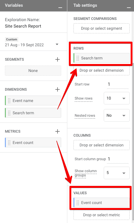 Adding Search term dimension under the Rows and Event count metric under the Values of the Tab settings column in the free-form Site Search Report