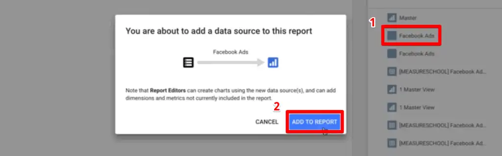 Adding the Facebook Ads data source to the report