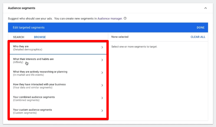 Opções de segmentação de público