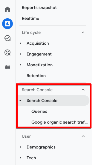 Dedicated Search Console reports under the Reports tab in GA4 under the Life cycle section