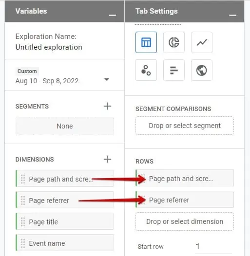 Drag and drop dimensions variables to tab settings rows in GA4