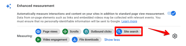 Enhanced measurement settings under Data streams settings to view Site search in GA4