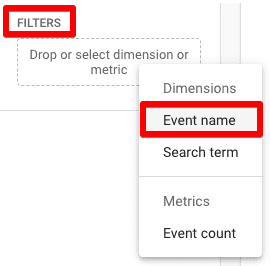 Filtering with Event name under the tab settings column